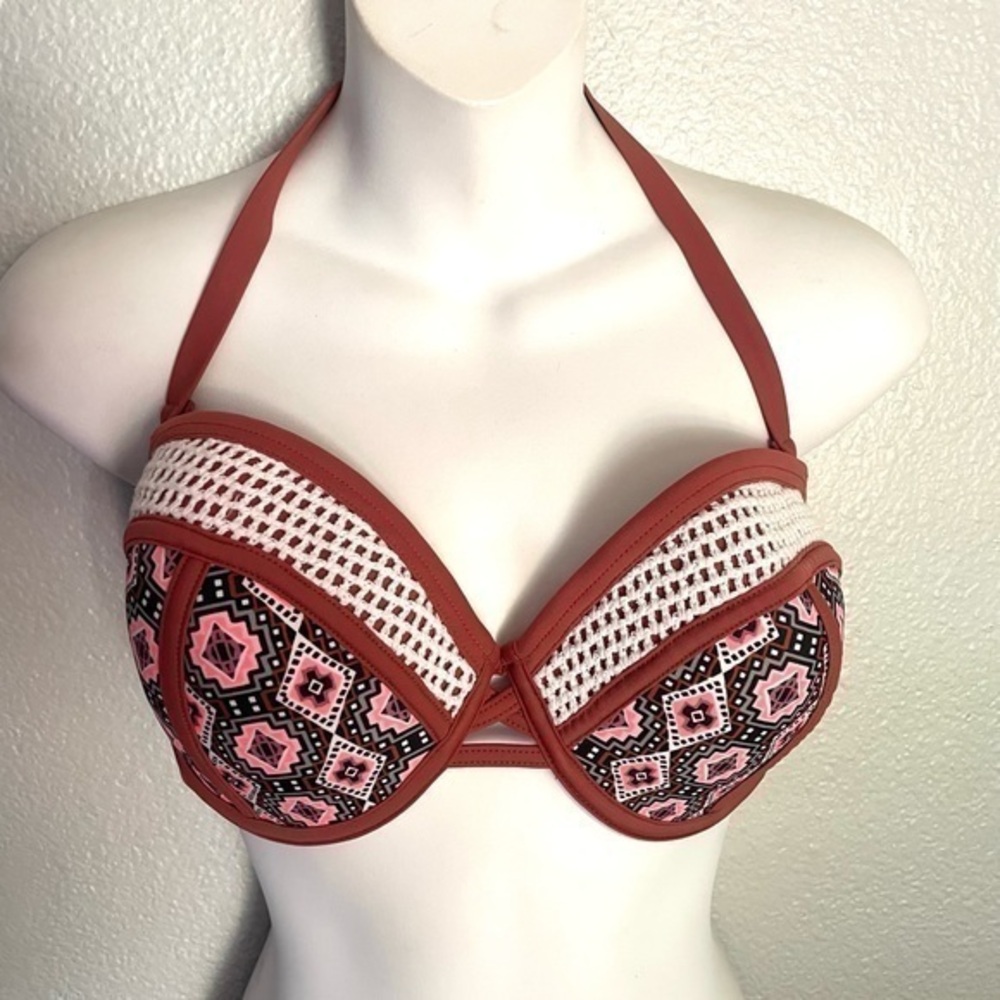 XHILARATION rust multi print bikini halter top size D/DD